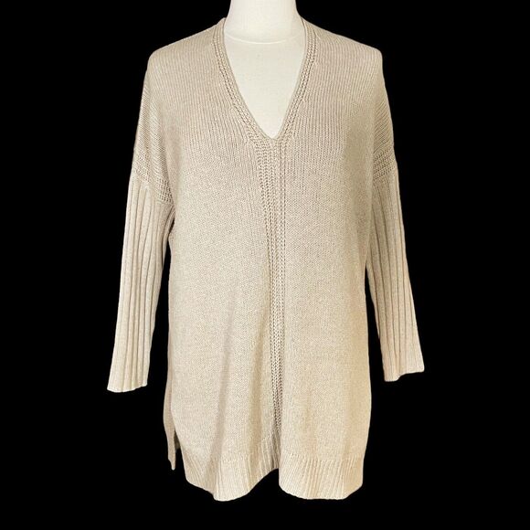 Vince Tunic Poncho Yak Sweater Sz XS Mix Ribbed 46 Bust Oversize Heather Oatmeal - Picture 4 of 13